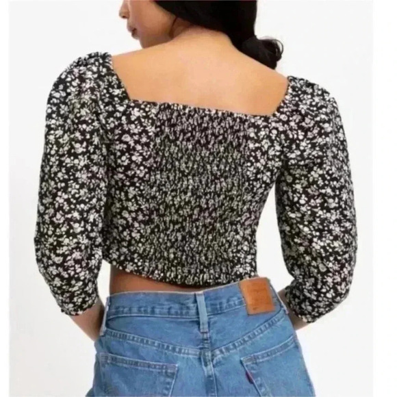 Levi's The Statement Top Slim Fit, Floral Print Puff Sleeve Top,Black/Yellow, M - Picture 2 of 16